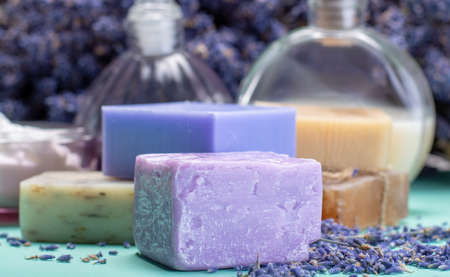 Natural healthy aromatherapy and skin treatment with organic French lavender, lavender soap and...