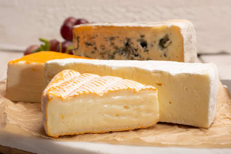 Tasting plate with four France cheeses, cream brie, marcaire, saint paulin and blue auvergne cheese,...
