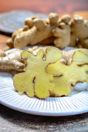 Fresh raw ginger roots from China close up