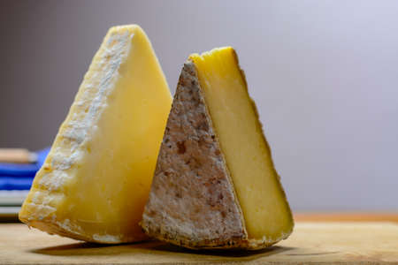 Pieces of French Tomme and Cantal cheese, close-upの写真素材