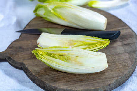 Group of fresh raw green Belgian endive or hicory vegetables, also known as witlof salade close upの写真素材