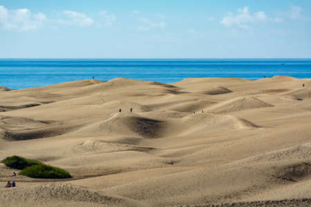 Landscape with yellow sandy dunes of Maspalomas and blue Atlantic ocean, Gran Canaria, Canary islands, Spainの写真素材