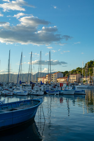August 13, 2018, small fishermans and yacht haven, marina in Saint-Mandrier-sur-Mer, Provence, France  in sunny dayのeditorial素材