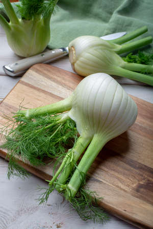 Healthy vegetable diet, raw fresh florence fennel bulbs close upの写真素材