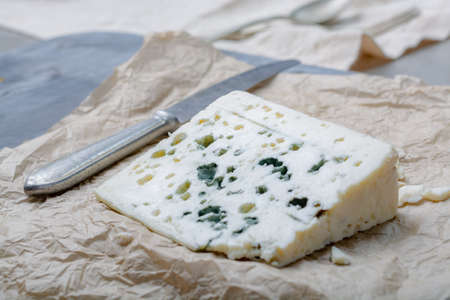 Piece of French blue cheese Roquefort, made from sheep milk in caves of Roquefort-sur-Soulzon