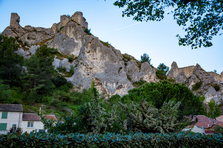 View on medieval houses and castle ruines in Provence in sunny day, South of France, vacation and tourist destinationのeditorial素材