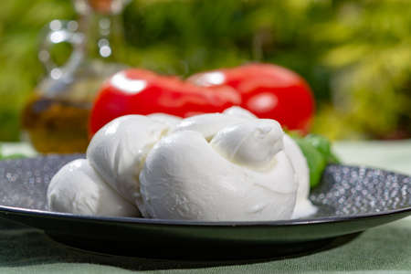 Twisted to form a plait treccia mozzarella Italian soft cheese served with fresh basil and tomatoes...