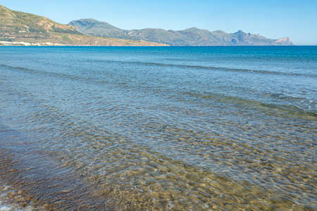 Coastline with sandy beaches and clear sea water in Alcamo Marina, small town in Sicily, Italy, summer vacation destinationの写真素材