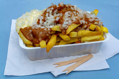 Traditional Dutch fast food dish, fried potatoes with sate sauce, onion and mayonaise, fat and not...