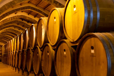 Vintage wine cellar with old oak barrels, production of fortified dry or sweet tasty marsala wine in...