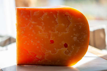 Cheese collection, one piece of three years old dark yellow hard Dutch cheese in sun lightsの写真素材