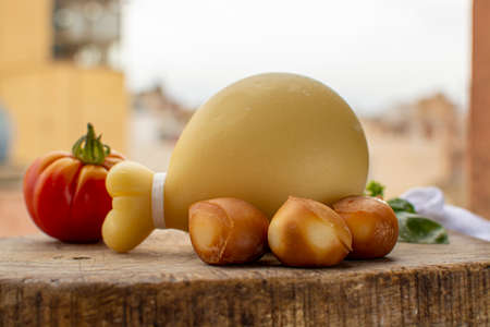 Cheese collection, Italian provolone caciocavallo aged and smoked cheeses in teardrop form with yellow houises of old Italian town on backgroundの写真素材