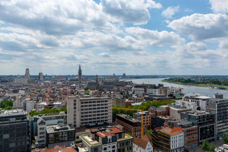 Cityscape, old Belgian city Antwerpen, view from above in summerの写真素材