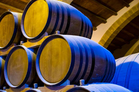 Vintage wine cellar with old oak barrels, production of fortified dry or sweet tasty marsala wine in...