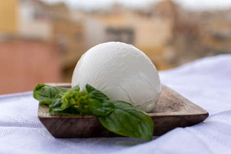 Cheese collection, Italian mozzarella soft cheese ball served on wooden plank with yellow houses in old Italian town on backgroundの写真素材