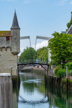 View on fishing harbor and old Dutch houses and tower in Zierikzee, historical town in province Zeeland, Netherlandsの写真素材
