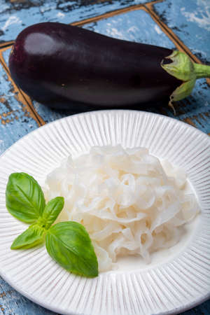 White konjac shirataki noodles, gluten free and no fat diet vegetarian and vegan Asian food close upの写真素材