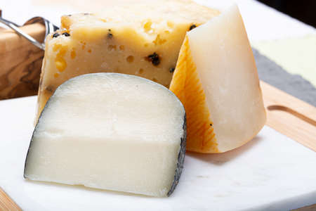 Cheese collection, Variety of Italian pecorino cheeses, aged with black peppers from Nebrodi, white Il Palio and black molarotto, close upの写真素材