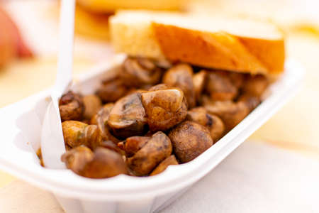Vegetarian street food in Germany, roasted champignons mushrooms with sour cream and breadの写真素材