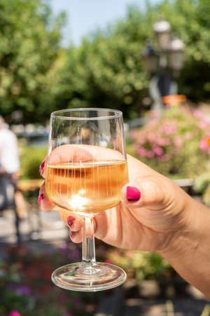 Tasting of cold white dry riesling wine on street wine festival on Mosel river, Germany, grape...
