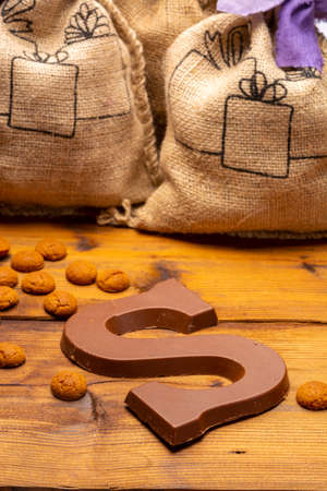 Celebration of Saint Nicholas, patron saint of children in Netherlands, Belgium, Luxembourg and North of France in first week of December, burlap sacks with presents and candy for kids  close upの写真素材