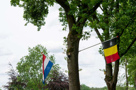 Borders inside European Union between Netherlands and Belgium, only two flags on treeの写真素材