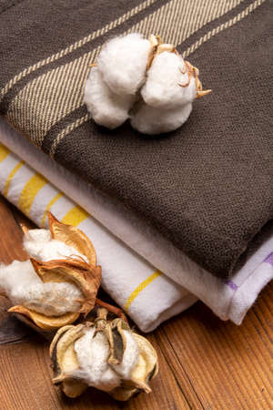 Soft natural fiber kitchen and bed textile made from organic cotton bolls close upの写真素材