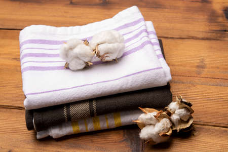 Soft natural fiber kitchen and bed textile made from organic cotton bolls close upの写真素材