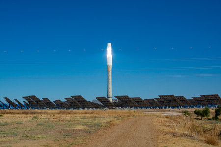 Fuentes de Andalucia in Spain, September 11, 2019, view on high futuristic tower on concentrated solar power plant in Andalusia, Spainのeditorial素材