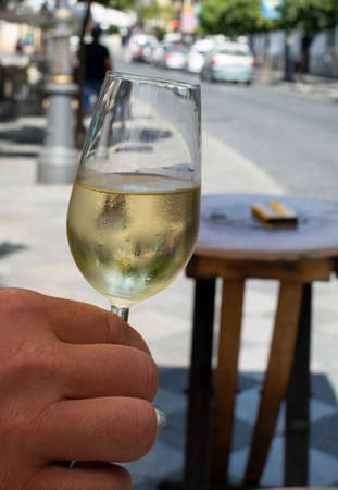 Sherry wine tasting, dry fino, manzanilla or palomino jerez fortified wine in glasses, Jerez de la Frontera, Andalusia, Spain close upの写真素材