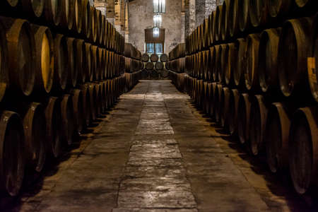 Production of fortified jerez, xeres, sherry wines in old dark oak barrels in sherry triangle, Jerez la Frontera, El Puerto Santa Maria and Sanlucar Barrameda Andalusia, Spainの写真素材