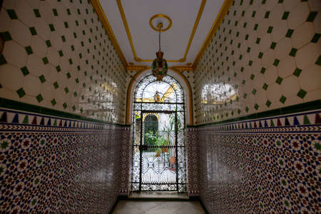 Iron laces on doors and ceramic tiles with ornament at the entrance to traditional patio yards in...