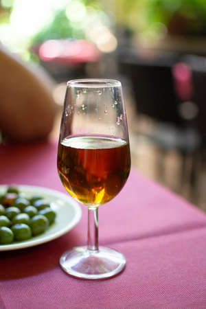 Sherry wine tasting in wine cellars, selection of different jerez fortified wines from dry to very sweet in glasses, Jerez de la Frontera, Andalusia, Spainの写真素材