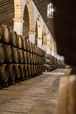 Production of fortified jerez, xeres, sherry wines in old dark oak barrels in sherry triangle, Jerez...