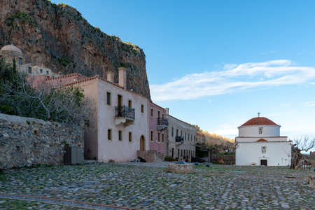 Romantic fortified greek village on rock island Monemvasia at sunset, Peloponnese, Greece