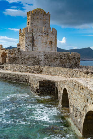 View on old venetian fortress in small greek town Methoni on Peloponneseの写真素材