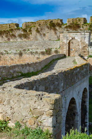 View on old venetian fortress in small greek town Methoni on Peloponnese