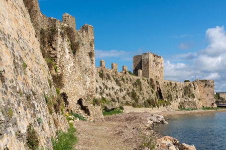 View on old venetian fortress in small greek town Methoni on Peloponneseのeditorial素材