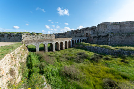 View on old venetian fortress in small greek town Methoni on Peloponnese