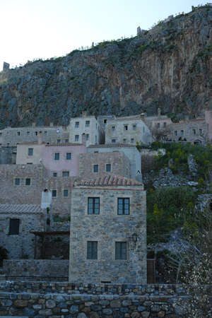 Romantic fortified greek village on rock island Monemvasia at sunset, Peloponnese, Greeceの写真素材