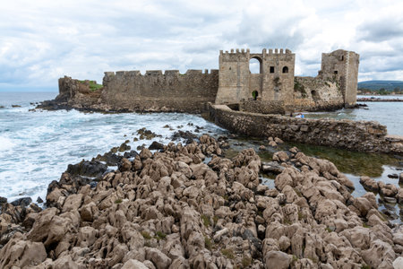 View on old venetian fortress in small greek town Methoni on Peloponneseのeditorial素材
