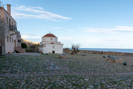 Romantic fortified greek village on rock island Monemvasia at sunset, Peloponnese, Greeceのeditorial素材