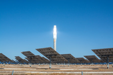Fuentes de Andalucia in Spain, September 11, 2019, view on high futuristic tower on concentrated solar power plant in Andalusia, Spainのeditorial素材