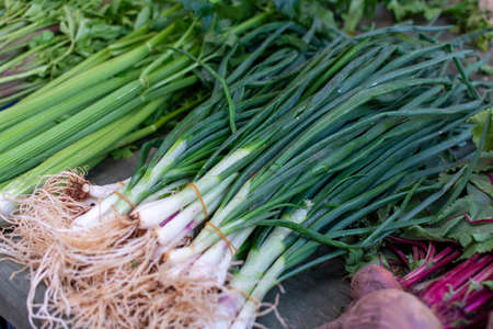 Farmer market in Nafplio, Greece, new harvest of green onion and lettuce vegetable, fresh and healthy organic food close upの写真素材