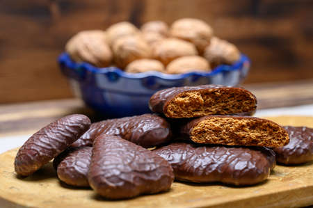 Tasty gingerbread glazed cookies from Torun, Poland close up