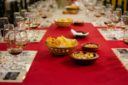 Sherry wine tasting in wine cellars, selection of different jerez fortified wines from dry to very sweet in glasses, Jerez de la Frontera, Andalusia, Spainの写真素材