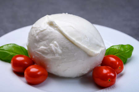 Cheese collection, soft white Italian mozzarella di bufala campana with fresh green basil leaves and red cherry tomatoes close upの写真素材