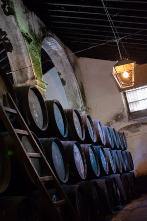 Production of fortified jerez, xeres, sherry wines in old dark oak barrels in sherry triangle, Jerez la Frontera, El Puerto Santa Maria and Sanlucar Barrameda Andalusia, Spainのeditorial素材