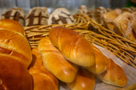 Fresh baked bread from artisanal bakery on farmers market, Tenerife, Canary islands, Spain close upの写真素材