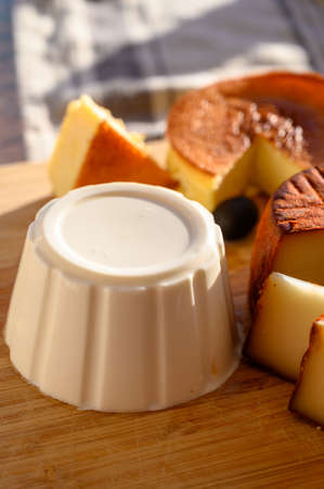 Cheese collection, piece of Spanish manchego cheese made from cow milk with red paprika and soft white cheese close upの写真素材